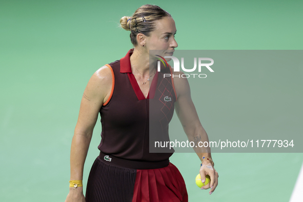 Ana Bogdan of Romania competes during the Billie Jean King Cup match between Japan and Romania at Palacio de los Deportes Martin Carpena in...