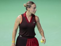 Ana Bogdan of Romania competes during the Billie Jean King Cup match between Japan and Romania at Palacio de los Deportes Martin Carpena in...