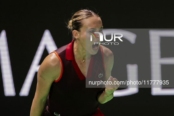 Ana Bogdan of Romania celebrates a point during the Billie Jean King Cup match between Japan and Romania at Palacio de los Deportes Martin C...