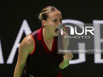 Ana Bogdan of Romania celebrates a point during the Billie Jean King Cup match between Japan and Romania at Palacio de los Deportes Martin C...