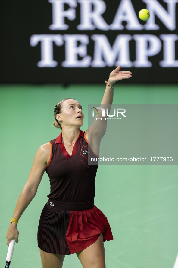 Ana Bogdan of Romania competes during the Billie Jean King Cup match between Japan and Romania at Palacio de los Deportes Martin Carpena in...