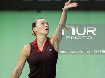 Ana Bogdan of Romania competes during the Billie Jean King Cup match between Japan and Romania at Palacio de los Deportes Martin Carpena in...