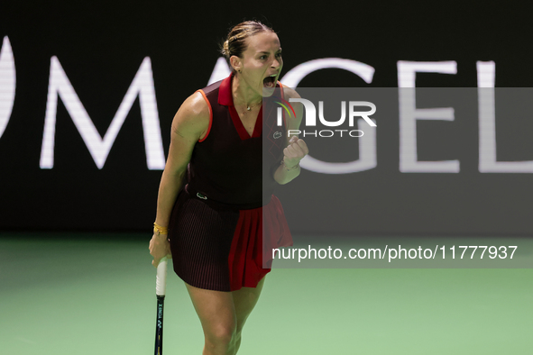 Ana Bogdan of Romania celebrates a point during the Billie Jean King Cup match between Japan and Romania at Palacio de los Deportes Martin C...