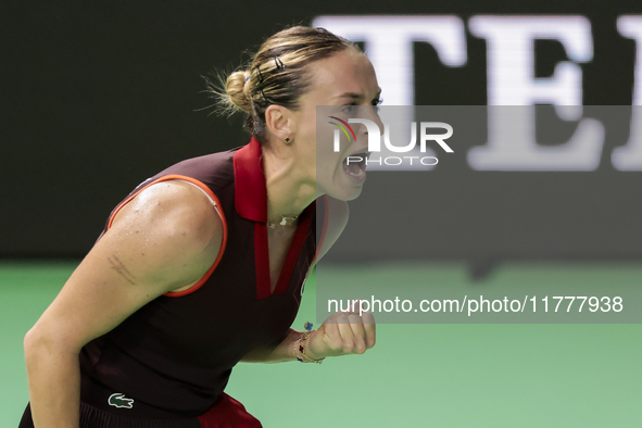 Ana Bogdan of Romania celebrates a point during the Billie Jean King Cup match between Japan and Romania at Palacio de los Deportes Martin C...