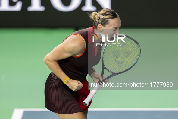 Ana Bogdan of Romania celebrates the victory during the Billie Jean King Cup match between Japan and Romania at Palacio de los Deportes Mart...