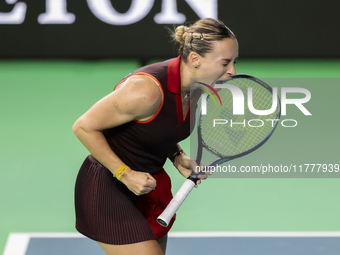 Ana Bogdan of Romania celebrates the victory during the Billie Jean King Cup match between Japan and Romania at Palacio de los Deportes Mart...