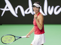 Ena Shibahara of Japan celebrates a point during the Billie Jean King Cup match between Japan and Romania at Palacio de los Deportes Martin...