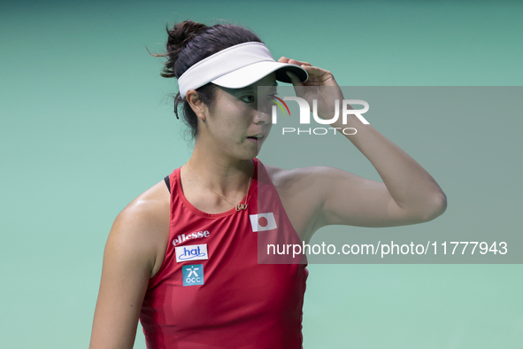 Ena Shibahara of Japan competes during the Billie Jean King Cup match between Japan and Romania at Palacio de los Deportes Martin Carpena in...