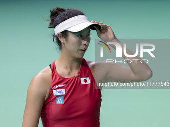 Ena Shibahara of Japan competes during the Billie Jean King Cup match between Japan and Romania at Palacio de los Deportes Martin Carpena in...