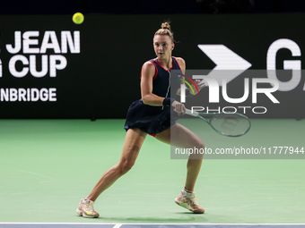 Jaquesline Cristian of Romania plays a forehand during the Billie Jean King Cup match between Japan and Romania at Palacio de los Deportes M...