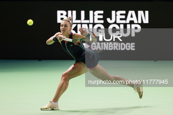 Jaquesline Cristian of Romania plays a forehand during the Billie Jean King Cup match between Japan and Romania at Palacio de los Deportes M...