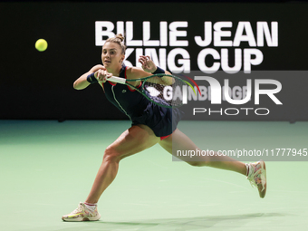 Jaquesline Cristian of Romania plays a forehand during the Billie Jean King Cup match between Japan and Romania at Palacio de los Deportes M...