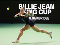 Jaquesline Cristian of Romania plays a forehand during the Billie Jean King Cup match between Japan and Romania at Palacio de los Deportes M...