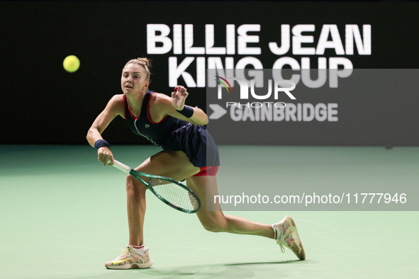 Jaquesline Cristian of Romania plays a forehand during the Billie Jean King Cup match between Japan and Romania at Palacio de los Deportes M...