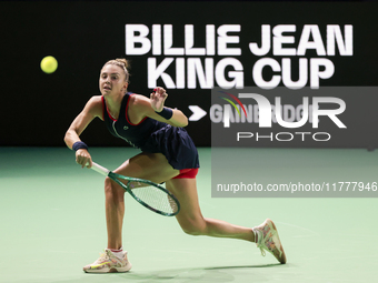 Jaquesline Cristian of Romania plays a forehand during the Billie Jean King Cup match between Japan and Romania at Palacio de los Deportes M...