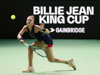 Jaquesline Cristian of Romania plays a forehand during the Billie Jean King Cup match between Japan and Romania at Palacio de los Deportes M...