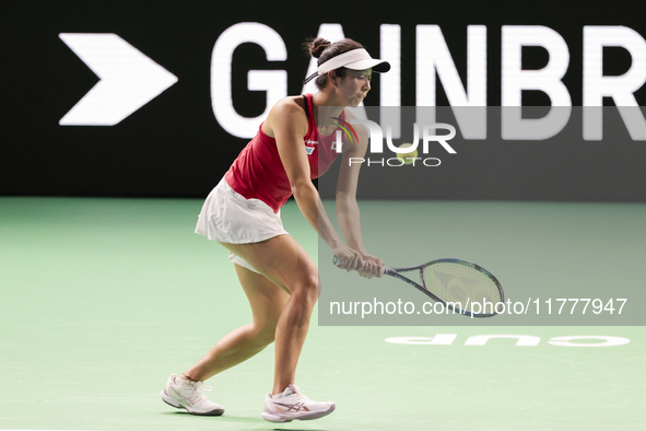 Ena Shibahara of Japan plays backwards during the Billie Jean King Cup match between Japan and Romania at Palacio de los Deportes Martin Car...