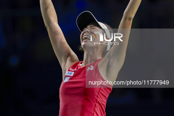 Ena Shibahara of Japan celebrates the victory during the Billie Jean King Cup match between Japan and Romania at Palacio de los Deportes Mar...