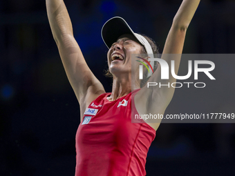 Ena Shibahara of Japan celebrates the victory during the Billie Jean King Cup match between Japan and Romania at Palacio de los Deportes Mar...