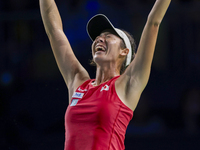 Ena Shibahara of Japan celebrates the victory during the Billie Jean King Cup match between Japan and Romania at Palacio de los Deportes Mar...