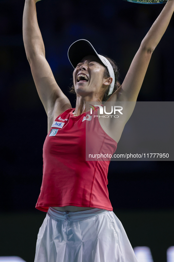 Ena Shibahara of Japan celebrates the victory during the Billie Jean King Cup match between Japan and Romania at Palacio de los Deportes Mar...