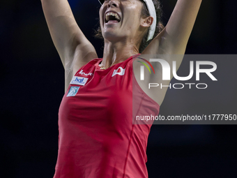 Ena Shibahara of Japan celebrates the victory during the Billie Jean King Cup match between Japan and Romania at Palacio de los Deportes Mar...