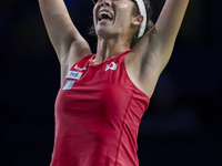 Ena Shibahara of Japan celebrates the victory during the Billie Jean King Cup match between Japan and Romania at Palacio de los Deportes Mar...