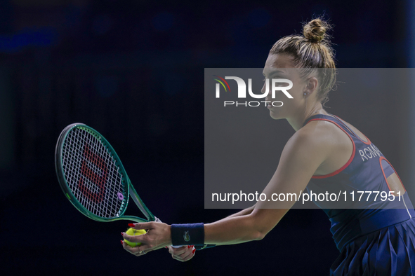 Jaquesline Cristian of Romania competes during the Billie Jean King Cup match between Japan and Romania at Palacio de los Deportes Martin Ca...