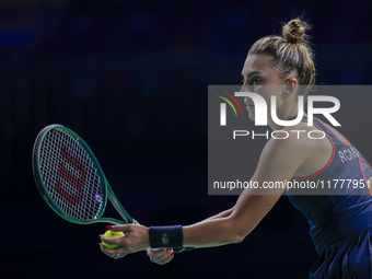 Jaquesline Cristian of Romania competes during the Billie Jean King Cup match between Japan and Romania at Palacio de los Deportes Martin Ca...