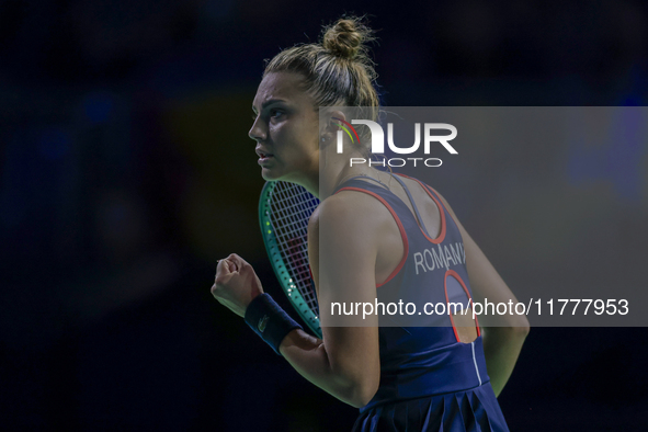 Jaquesline Cristian of Romania celebrates a point during the Billie Jean King Cup match between Japan and Romania at Palacio de los Deportes...