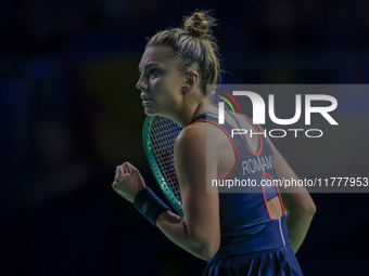 Jaquesline Cristian of Romania celebrates a point during the Billie Jean King Cup match between Japan and Romania at Palacio de los Deportes...