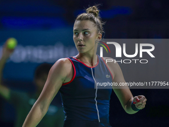 Jaquesline Cristian of Romania competes during the Billie Jean King Cup match between Japan and Romania at Palacio de los Deportes Martin Ca...