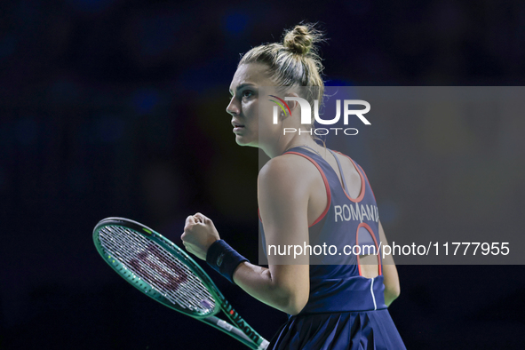 Jaquesline Cristian of Romania celebrates a point during the Billie Jean King Cup match between Japan and Romania at Palacio de los Deportes...