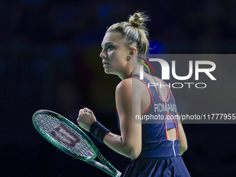 Jaquesline Cristian of Romania celebrates a point during the Billie Jean King Cup match between Japan and Romania at Palacio de los Deportes...