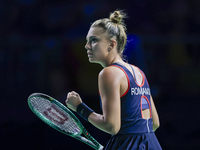 Jaquesline Cristian of Romania celebrates a point during the Billie Jean King Cup match between Japan and Romania at Palacio de los Deportes...