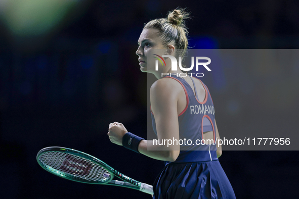 Jaquesline Cristian of Romania celebrates a point during the Billie Jean King Cup match between Japan and Romania at Palacio de los Deportes...