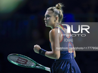 Jaquesline Cristian of Romania celebrates a point during the Billie Jean King Cup match between Japan and Romania at Palacio de los Deportes...