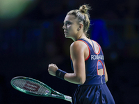 Jaquesline Cristian of Romania celebrates a point during the Billie Jean King Cup match between Japan and Romania at Palacio de los Deportes...