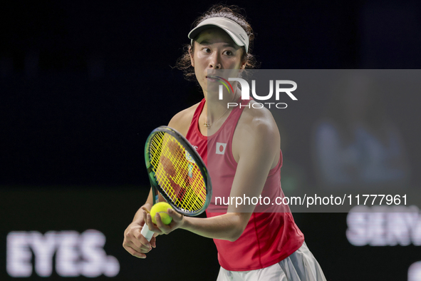 Ena Shibahara of Japan competes during the Billie Jean King Cup match between Japan and Romania at Palacio de los Deportes Martin Carpena in...