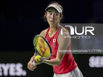 Ena Shibahara of Japan competes during the Billie Jean King Cup match between Japan and Romania at Palacio de los Deportes Martin Carpena in...