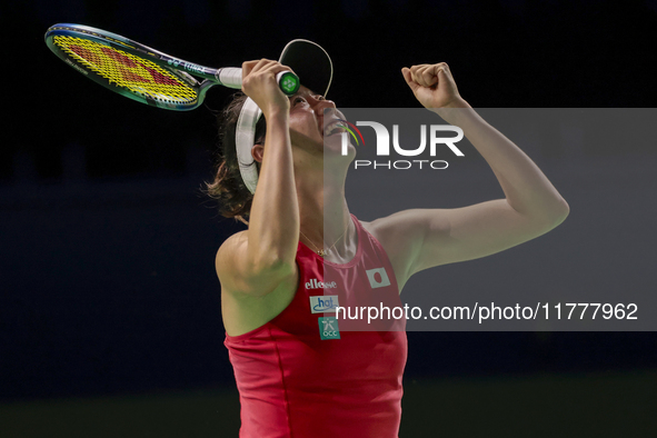 Ena Shibahara of Japan celebrates the victory during the Billie Jean King Cup match between Japan and Romania at Palacio de los Deportes Mar...