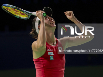 Ena Shibahara of Japan celebrates the victory during the Billie Jean King Cup match between Japan and Romania at Palacio de los Deportes Mar...