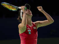 Ena Shibahara of Japan celebrates the victory during the Billie Jean King Cup match between Japan and Romania at Palacio de los Deportes Mar...