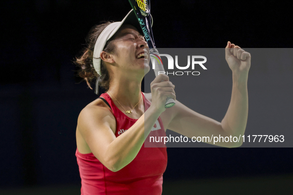 Ena Shibahara of Japan celebrates the victory during the Billie Jean King Cup match between Japan and Romania at Palacio de los Deportes Mar...