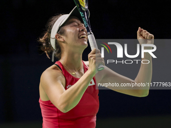 Ena Shibahara of Japan celebrates the victory during the Billie Jean King Cup match between Japan and Romania at Palacio de los Deportes Mar...