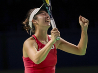 Ena Shibahara of Japan celebrates the victory during the Billie Jean King Cup match between Japan and Romania at Palacio de los Deportes Mar...