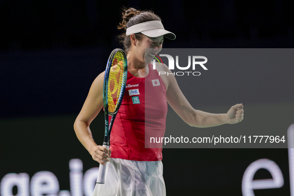 Ena Shibahara of Japan celebrates the victory during the Billie Jean King Cup match between Japan and Romania at Palacio de los Deportes Mar...