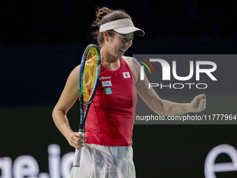 Ena Shibahara of Japan celebrates the victory during the Billie Jean King Cup match between Japan and Romania at Palacio de los Deportes Mar...