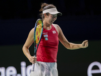 Ena Shibahara of Japan celebrates the victory during the Billie Jean King Cup match between Japan and Romania at Palacio de los Deportes Mar...