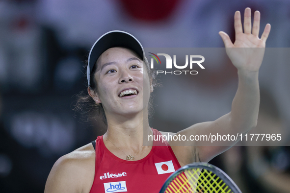 Ena Shibahara of Japan celebrates the victory during the Billie Jean King Cup match between Japan and Romania at Palacio de los Deportes Mar...